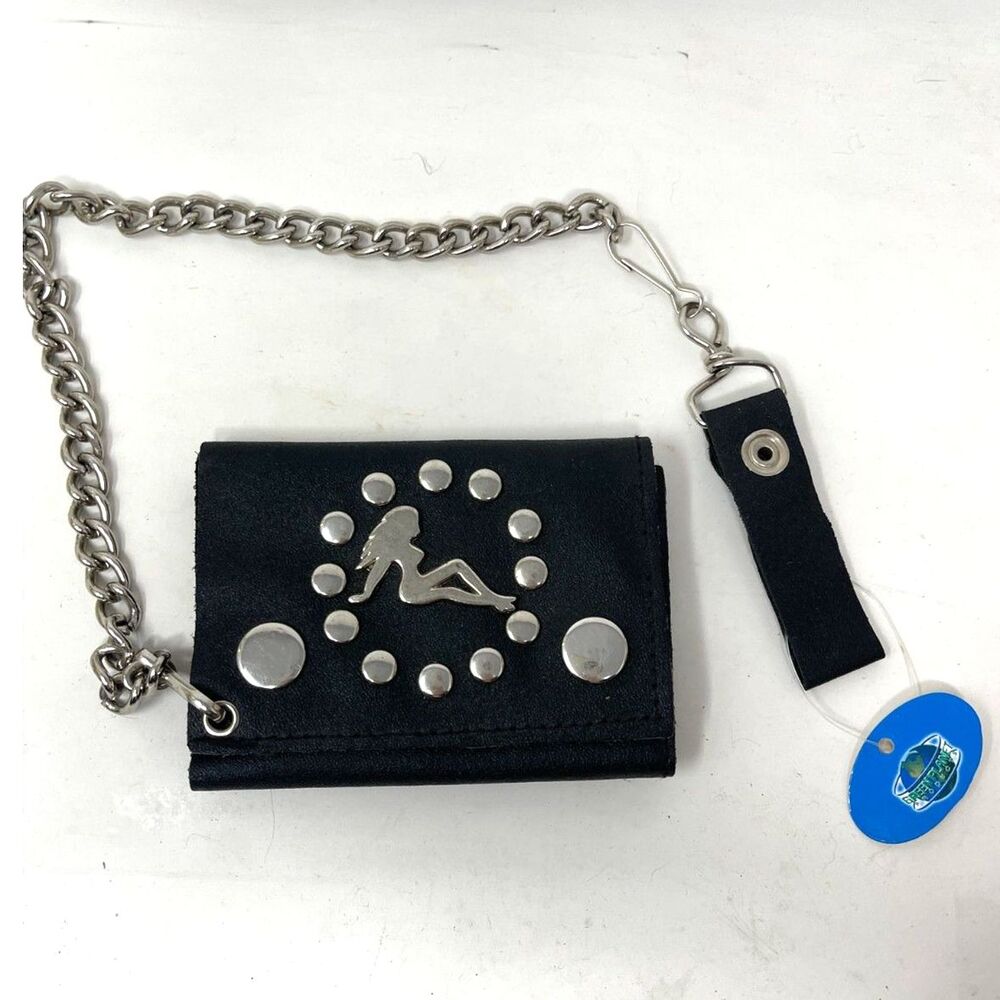 New Wallet on Chain Leather Tri-Fold Trucker Biker Black ~Silver ~Lady ~Rivets